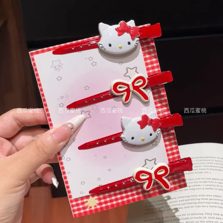 甜酷风发饰红色俏咪领结长条发夹日系甜美简约少女法式鸭嘴夹发卡
