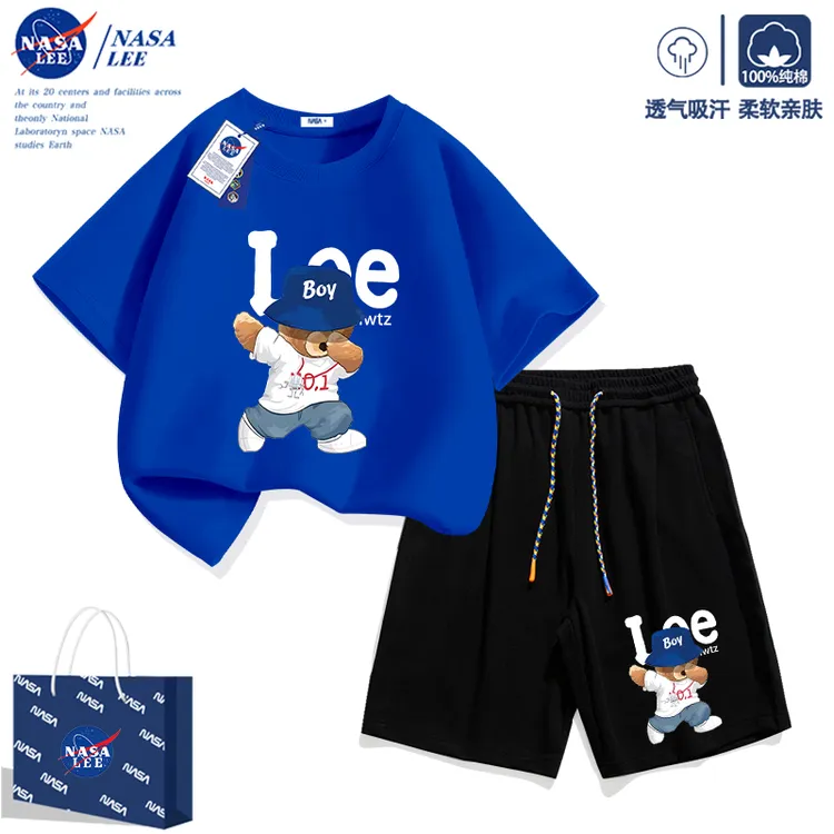 NASA联名儿童短袖套装夏季纯棉2026新款潮牌男女童运动两件套夏装