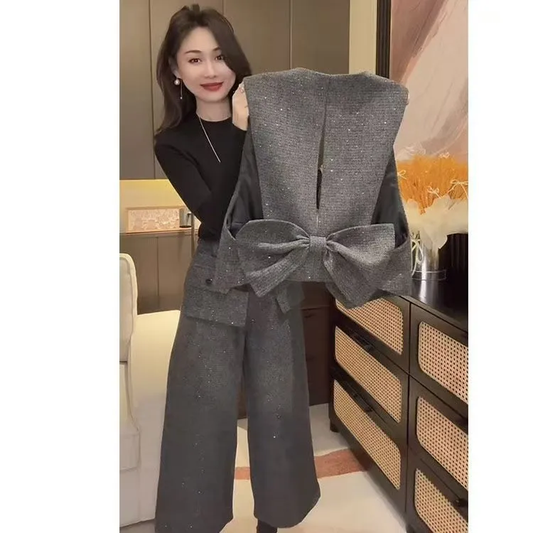 小香风轻奢显瘦时尚套装女冬季新款洋气套装黑色马甲阔腿九分裤衫