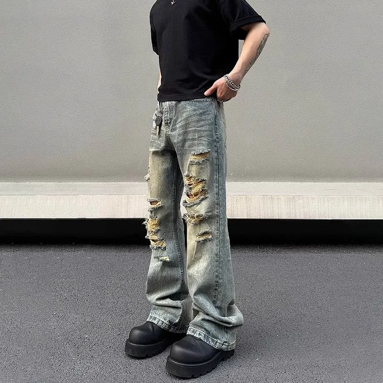 美式高街膝盖破洞牛仔裤男款夏季直筒显瘦微喇乞丐cleanfit裤子潮