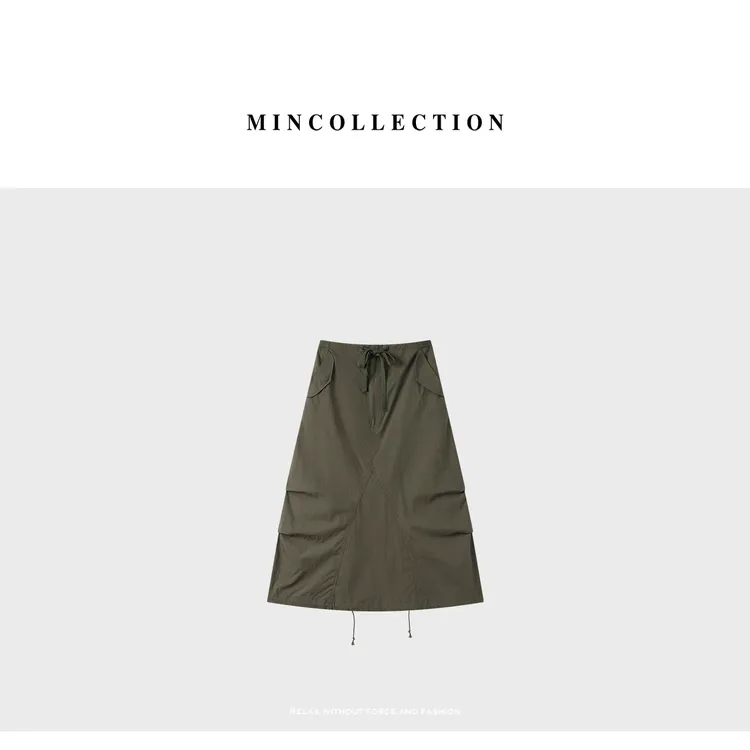 抽绳工装裙/日系干爽伞兵裙复古中长半身裙40215