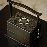 【木虫臻品】奢侈品紫光檀镶嵌螺甸银丝五福两层提篮食盒干果点心盘