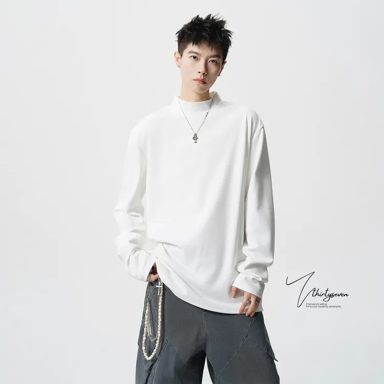 美式半高领德绒长袖T恤男女冬季潮牌情侣打底衫高街休闲加绒上衣