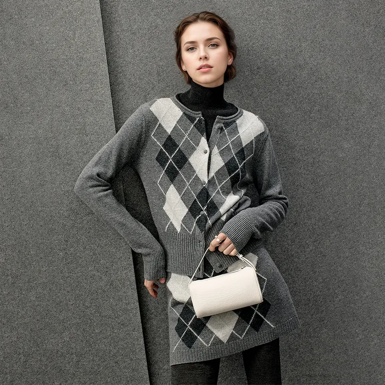 Music eyes音眸 miu系复古灰色菱格羊毛针织开衫女气质百搭针织衫