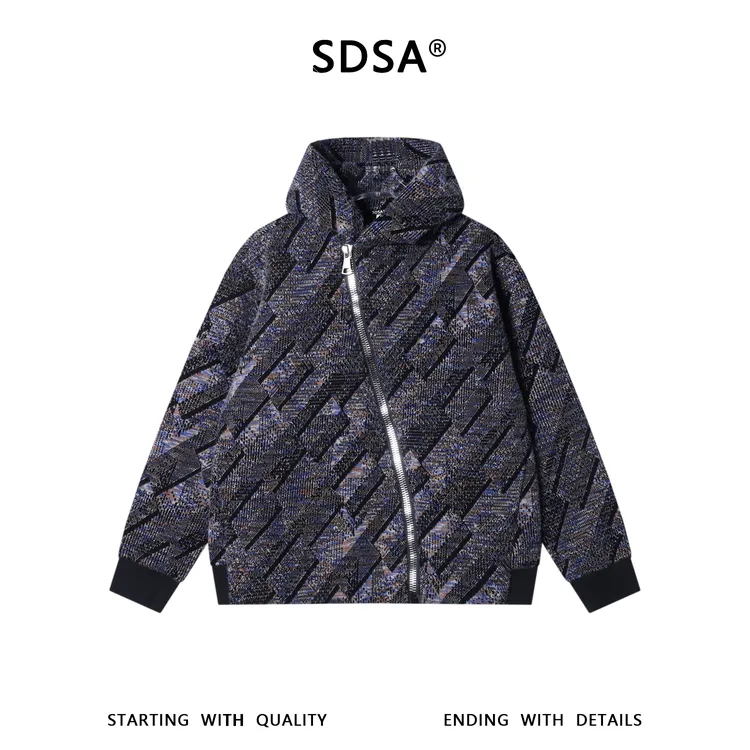 SDSA男士秋冬新款痞帅男装时尚绒毛撞色斜拉链连帽卫衣外套百搭