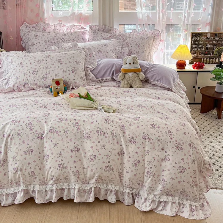韩版公主风床单款四件套花边款套件四季工艺款被套被罩套宿舍床单