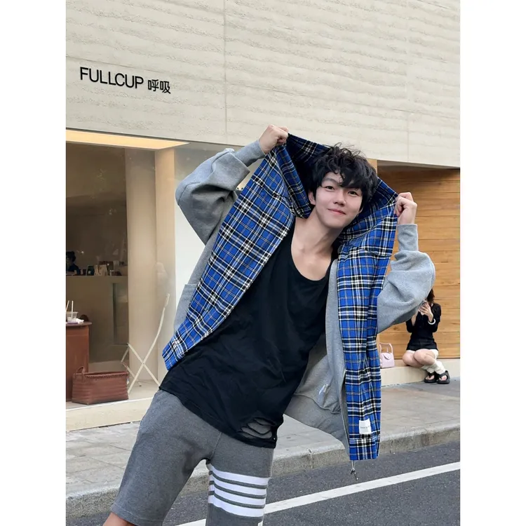 美式春秋男女双层连帽假两件卫衣美式复古格纹拼接设计感开衫外套