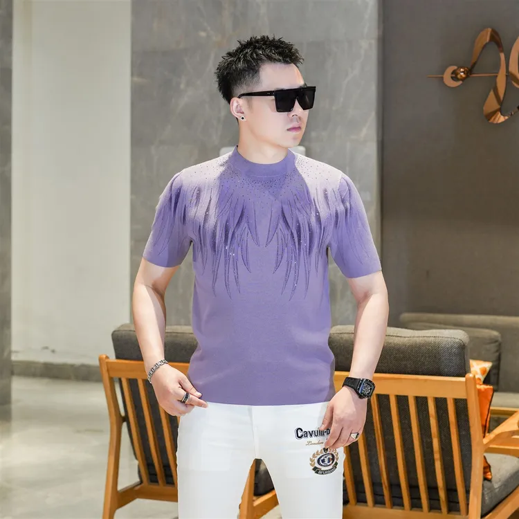 2025秋季新款高级感香芋紫色几何提花烫钻欧货针织衫T恤男GL9801