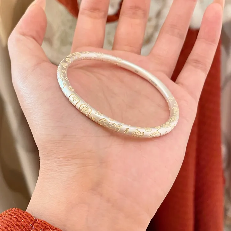 吉言足银9999新中式描金吉言招财猫闭口银手镯实心送女友