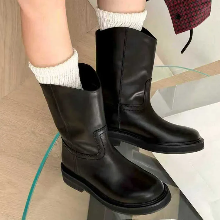 诗歌兰切尔西靴女2025年秋新款真皮平跟一脚蹬复古时装中筒骑士靴