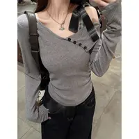设计感蝴蝶结系带长袖T恤女装不规则修身露肩上衣百搭短款气质潮