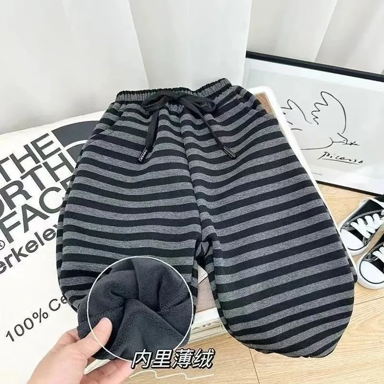 儿童加绒卫裤男童秋冬季条纹一体绒束腿裤系带宝宝韩版保暖休闲裤
