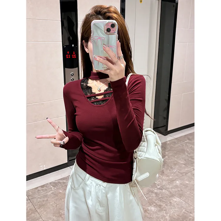 秋冬修身加绒打底衫纯欲风显瘦蕾丝拼接v领长袖加绒挂脖T恤女