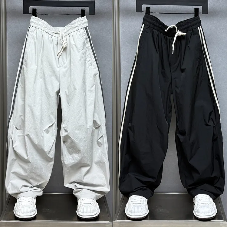 夏季新款潮流褶皱感条纹拼接直筒休闲长裤美式高街痞帅宽松阔腿裤