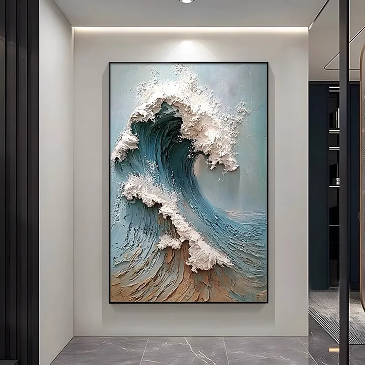 风生水起大芬意式玄关装饰画皮雕厚肌理抽象海浪餐厅入户过道挂画