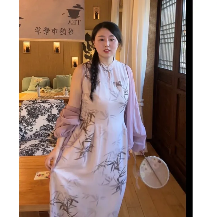 【燕子专属】码加加56307竹影国风提花挂脖旗袍连衣裙+开衫两件套