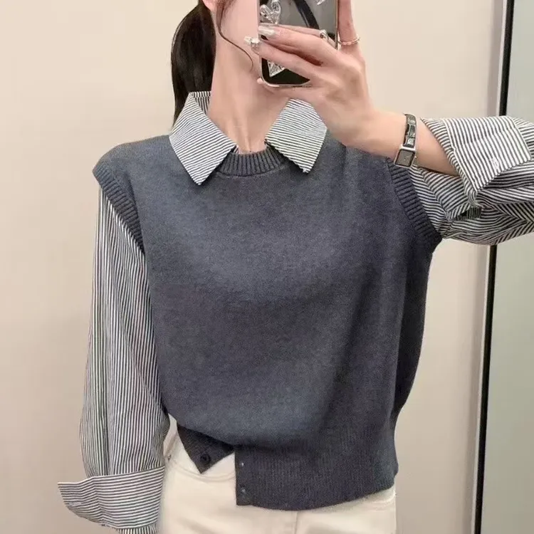 2025新款假两件拼接条纹下摆开扣针织衫上衣女简约气质毛衣打底衫