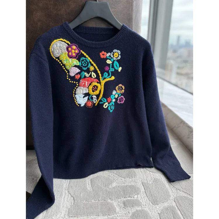 JESSICA WU深蓝蝶舞刺绣彩色丝线勾勒灵动圆领针织衫2536904011