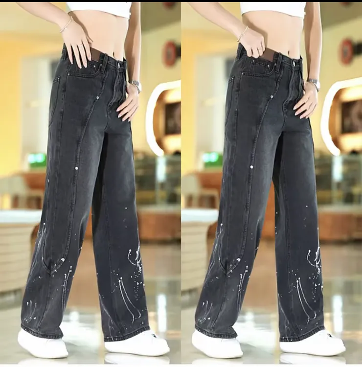高街潮牌泼墨牛仔裤男士时尚宽松微喇叭裤潮流美式水洗复古休闲裤