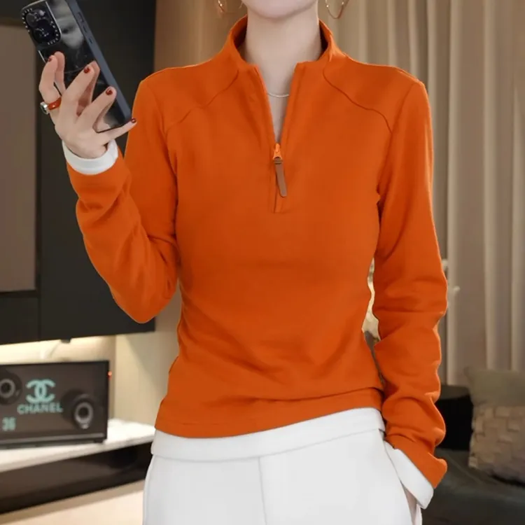 时尚半拉链立领打底T恤女秋冬新款胖MM大码女装修身显瘦长袖上衣