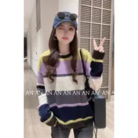 C09320复古气质温柔系减龄针织衫休闲撞色彩条纹套头毛衣