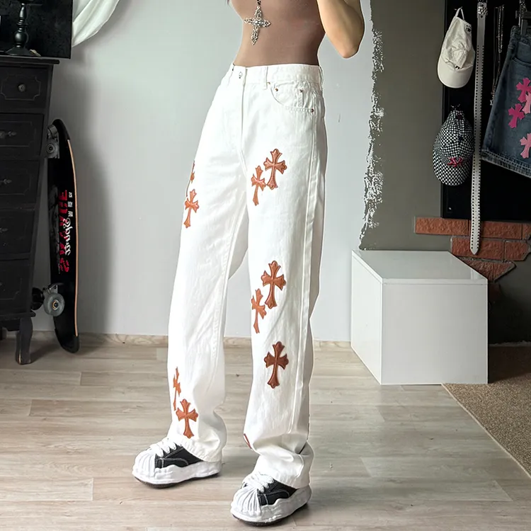 美式高街纯棉白色贴皮刺绣牛仔裤男宽松直筒显瘦潮牌痞帅炸街长裤