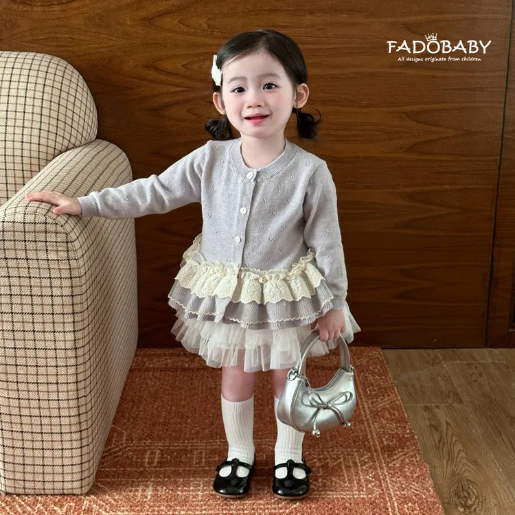 女童针织开衫2025新款秋季女宝宝甜美荷叶边蕾丝外套儿童公主上衣