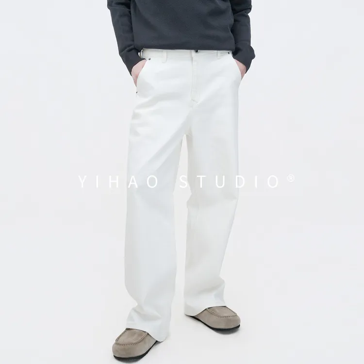YIHAO STUDIO秋冬男款植绒加厚宽松直筒牛仔裤米白休闲长裤高级感