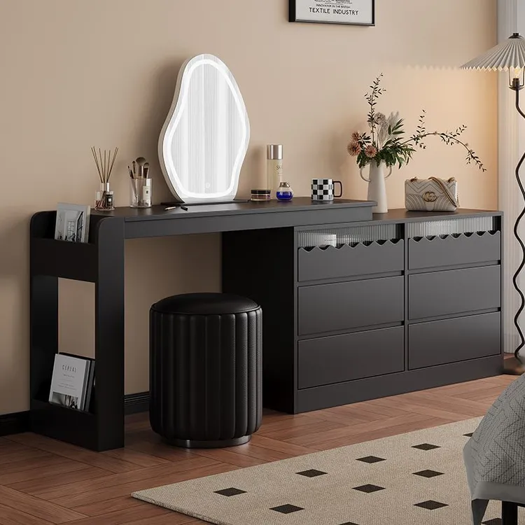 2025年新款奶油风梳妆台斗柜一体可伸缩转角黑色化妆桌现代简约卧