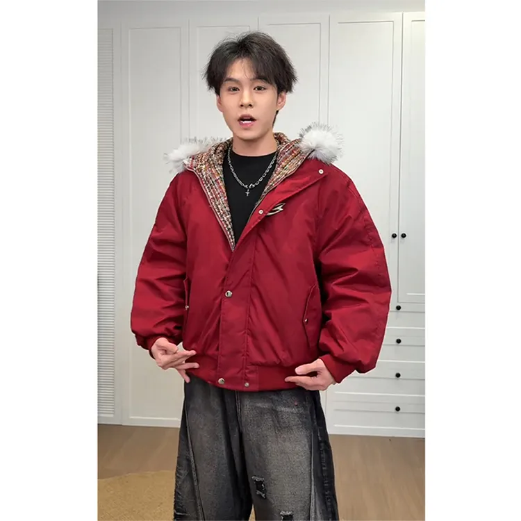 酒红色短宽毛领连帽棉服男冬季美式座山雕加厚棉衣防寒保暖派克服