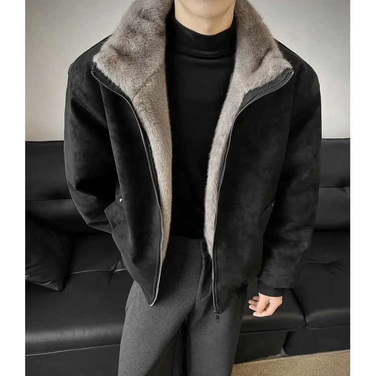 冬季仿双色貂毛重磅加绒保暖男士美式复古座山雕棉服加厚夹克外套