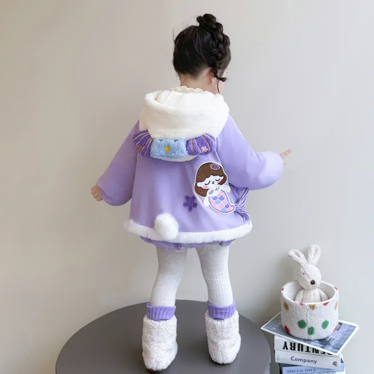 女童加绒加厚美人鱼棉衣冬季新款洋气时尚卡通休闲保暖甜美棉衣仙