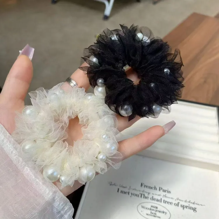 韩式纯色珠珠蕾丝头绳简约气质发绳网红大肠发圈马尾弹力皮筋发饰