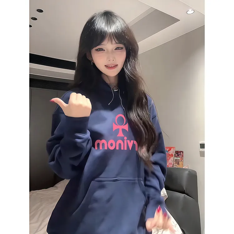 美式简约百搭字母印花连帽卫衣女2025秋季新款oversize休闲上衣潮