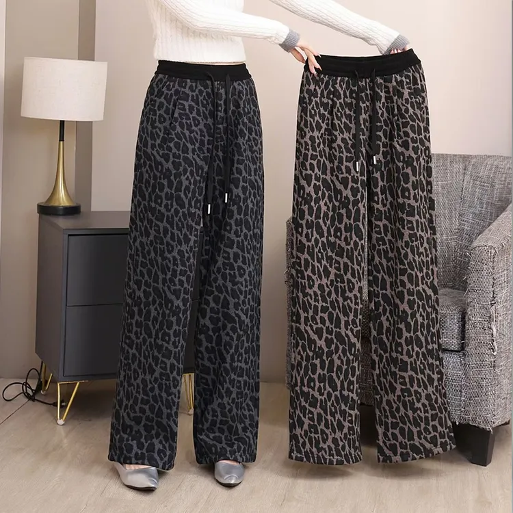 高腰复古休闲裤加厚加绒直筒裤女秋冬豹纹长裤时尚阔腿裤外穿