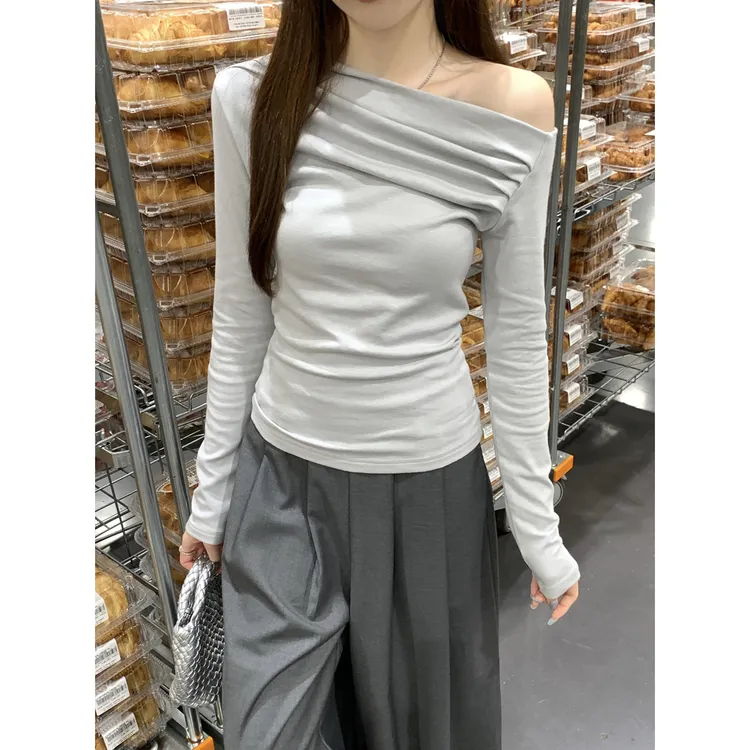 针织长袖斜领法式露背显瘦T恤紧身百搭设计网红时尚炸街新款女装
