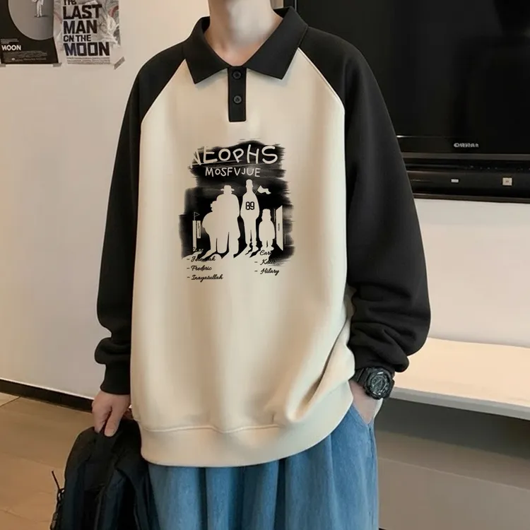 拼色polo衫翻领卫衣男生秋冬大码宽松潮牌百搭外套长袖上衣青少年