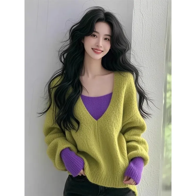 法式别致假两件针织衫上衣女2025秋冬新款韩版爆款时尚百搭毛衣女