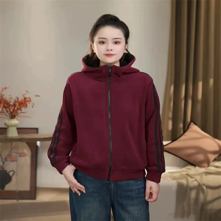 【沐沐】秋季时尚宽松拼接女连帽长袖外套运动开衫加绒加厚外套带帽