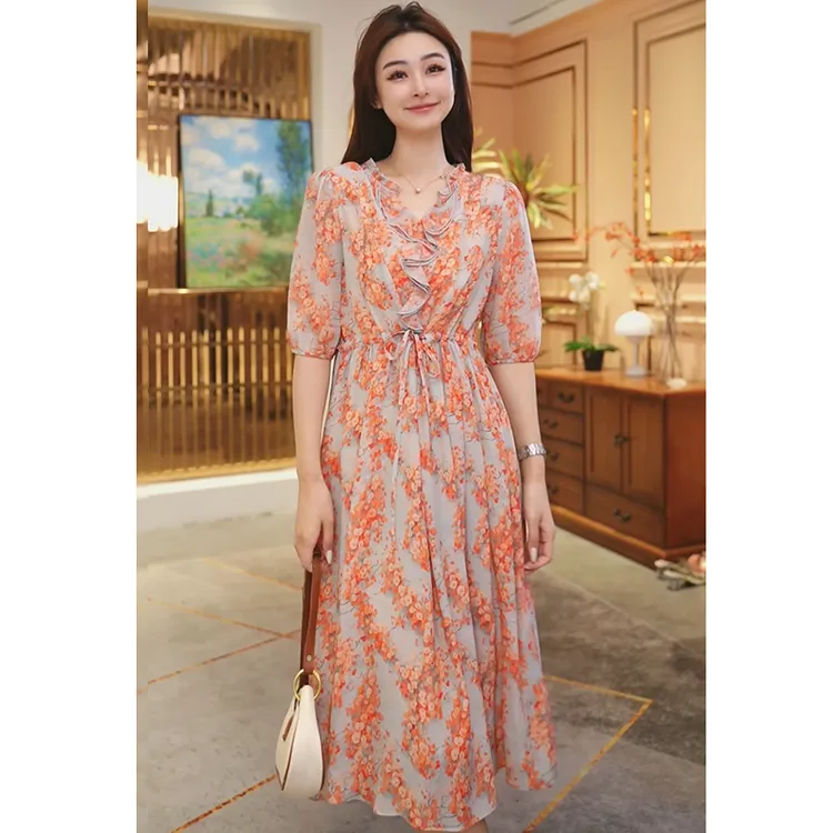 【堇兰桑蚕丝】春夏气质真丝裙印花收腰桑蚕丝连衣裙女YYQ22-4301