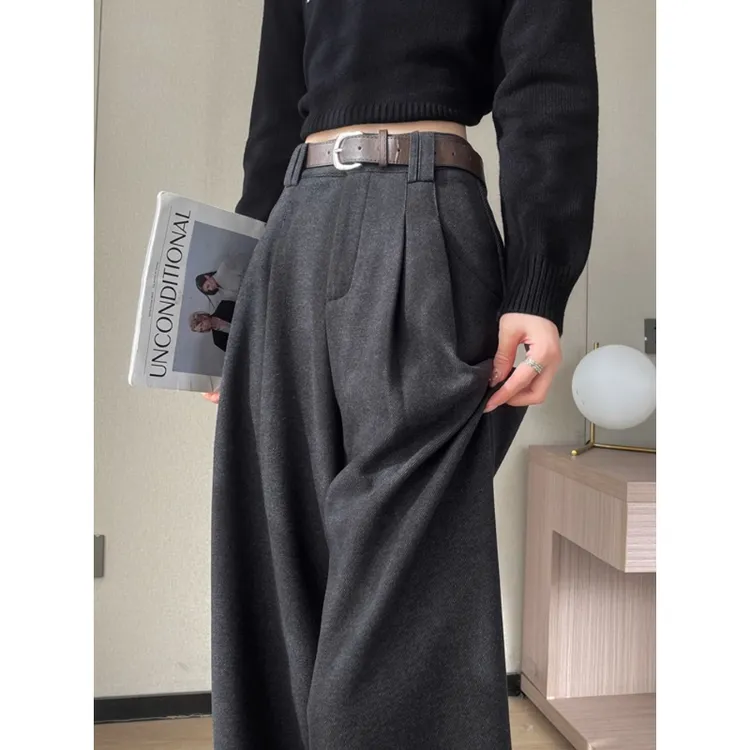 深灰色加绒毛呢阔腿裤女秋冬款高级垂感直筒小个子高腰休闲西装裤