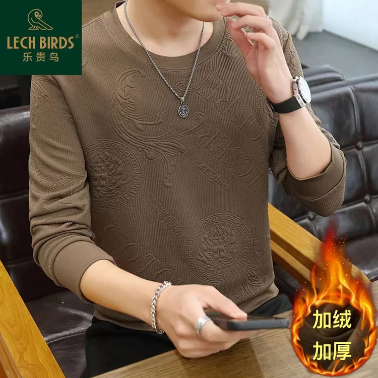 乐贵鸟2025新款男士提花休闲白搭上衣宽松圆领加绒卫衣12201