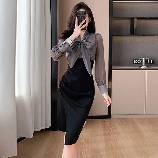 新款女装法式时尚气质褶皱显瘦包臀蝴蝶结连衣裙中长裙A8110