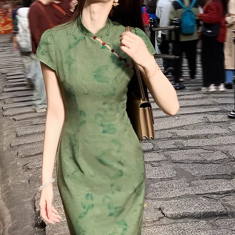 LACAH丹青'新中式碎花改良旗袍裙子女2025春夏镂空复古气质国风连