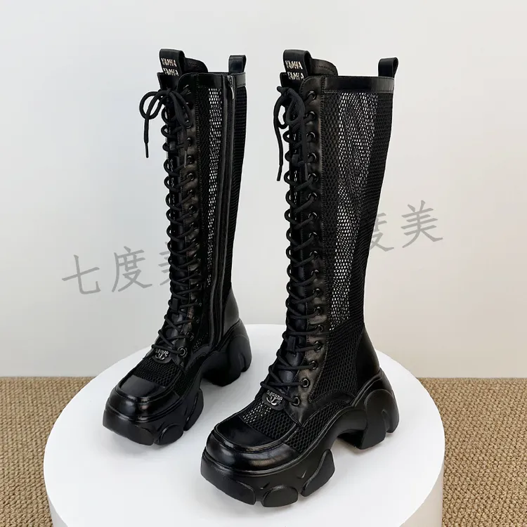 长靴子女薄款夏2025新款网靴时尚厚底镂空凉靴时尚透气网纱长筒靴