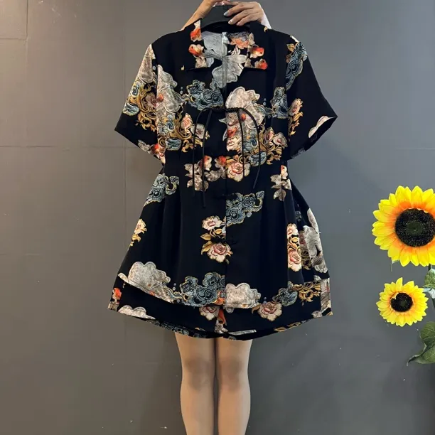 新款大码女装国风盘扣时尚印花宽松上衣短裤显瘦套装两件套