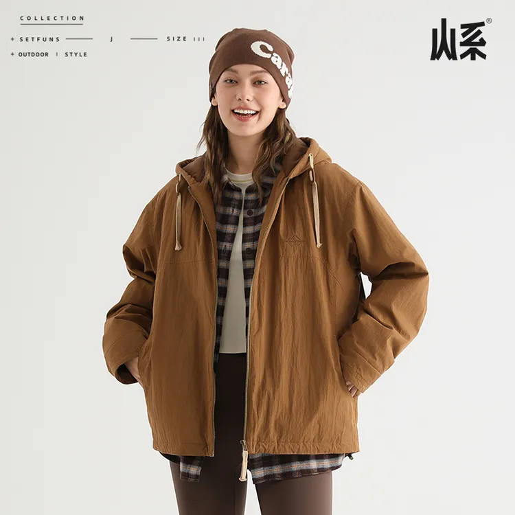 山系SetFuns户外简约工装风夹克摇粒绒外套女款宽松连帽加绒棉衣