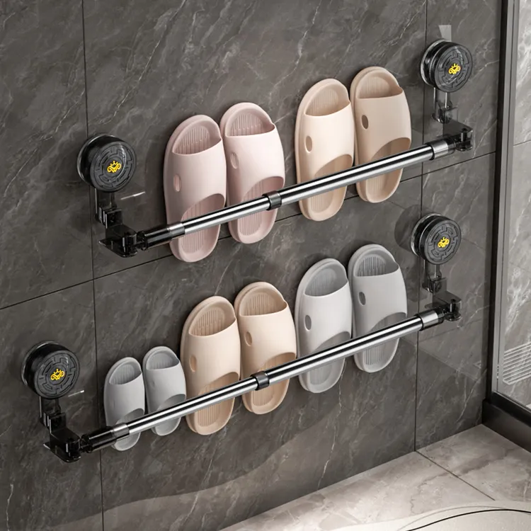 浴室拖鞋挂架免打孔吸盘可伸缩毛巾杆卫生间转角旋转毛巾架凉鞋架