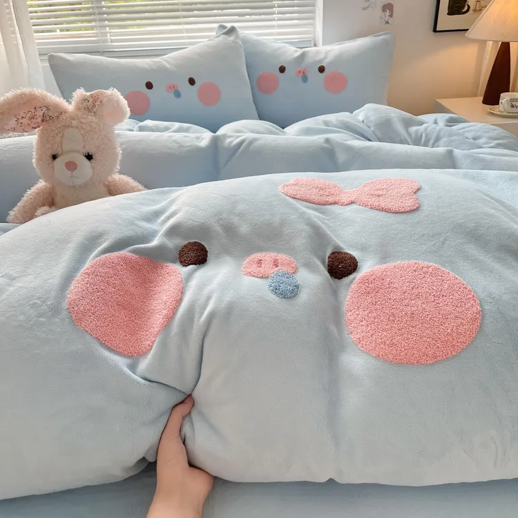 牛奶绒毛巾绣四件套双人冬季被套单件床单学生宿舍床上三件套床品