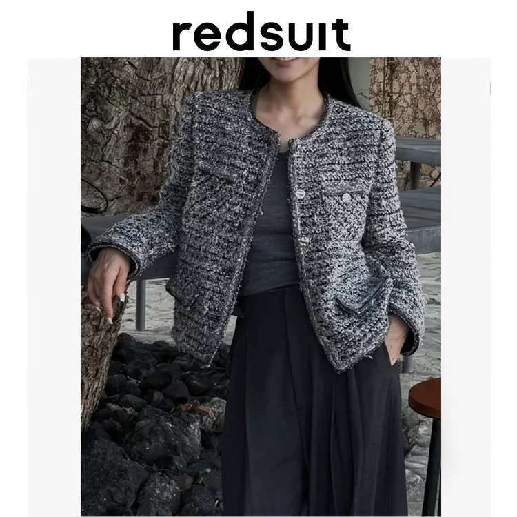 redsuit 高定新款肌理感粗花呢编织圆领小香风外套高级百搭上衣